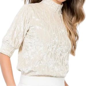 THML Cream Velvet Textured Short Sleeve Mock Neck Top L
